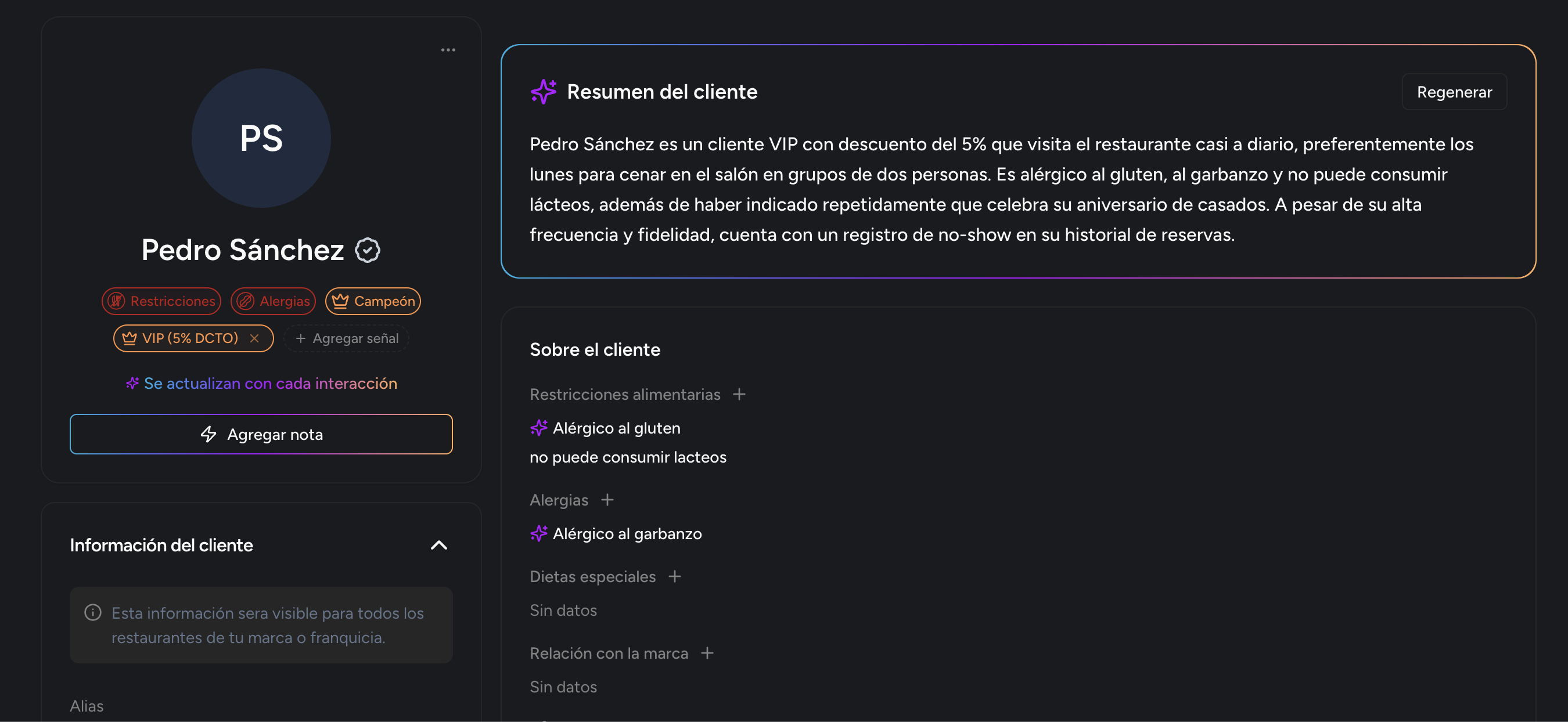 La ficha de un comensal: sus señales de restricciones, alergias, Campeón y VIP con descuento, un resumen del cliente que se rearma con cada interacción, y el detalle de a qué es alérgico
